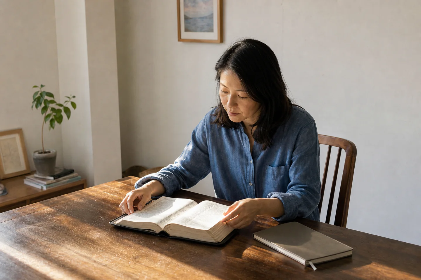 A woman reading an open Bible at a small dining table just after sunrise