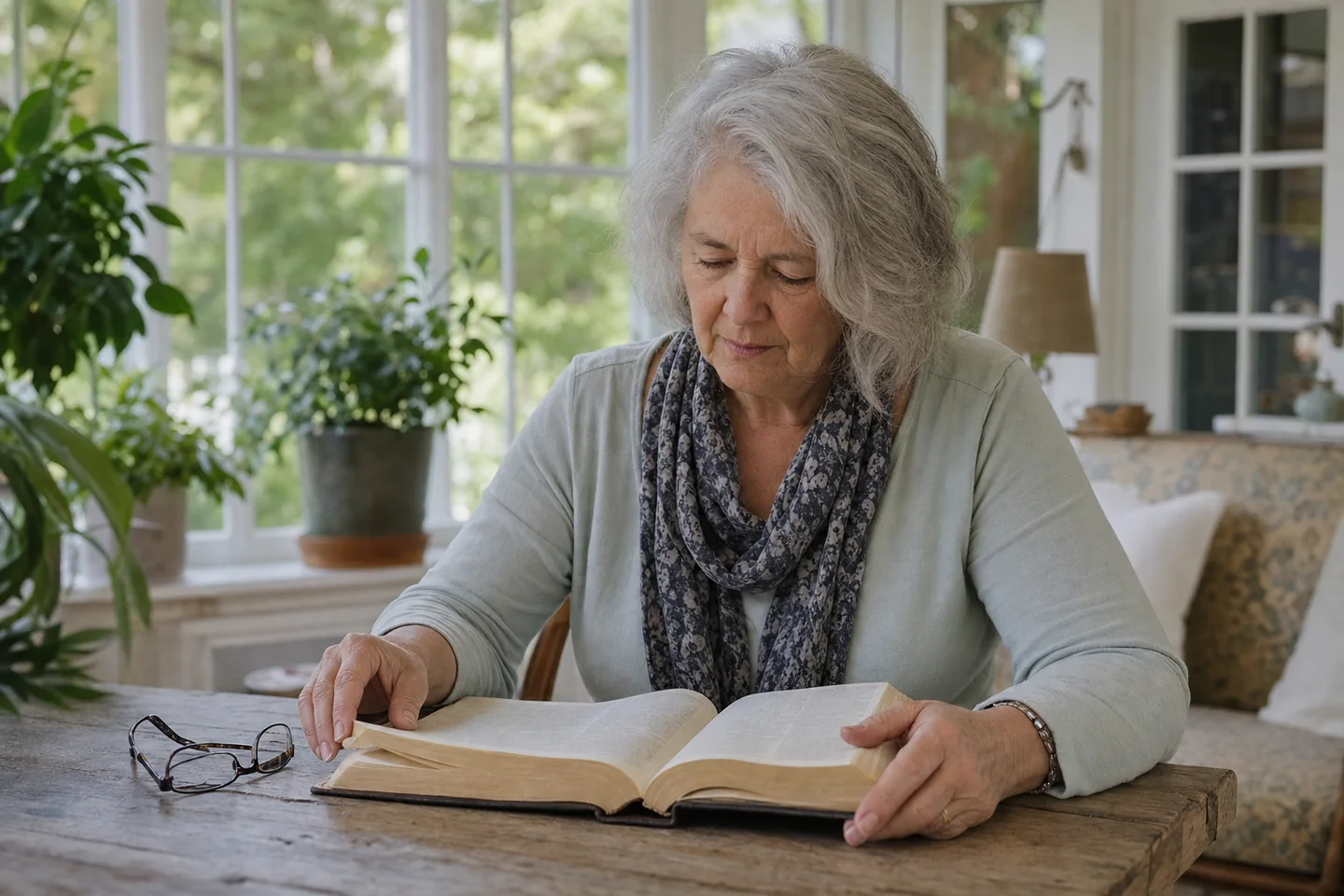 A silver-haired woman reading an open Bible at a sunroom table in soft morning light